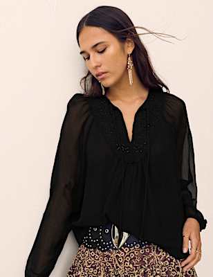 Chiffon Beaded Tie Neck Blouse