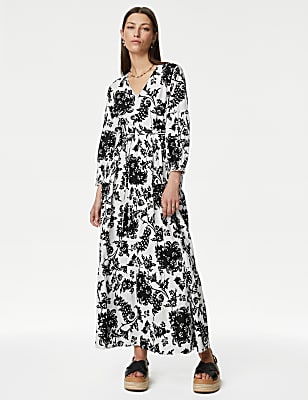 Linen Rich Floral V-Neck Maxi Tiered Dress