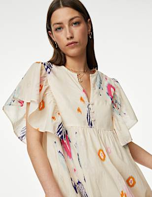 Pure Cotton Printed V-Neck Shift Dress