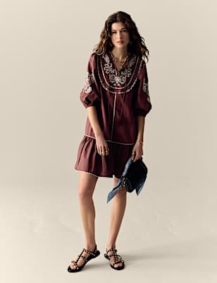 Pure Cotton Embroidered Tie Neck Puff Sleeve Mini Tiered Dress