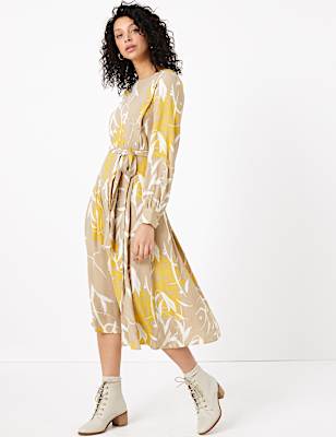 Leaf Print Waisted Midi Dress