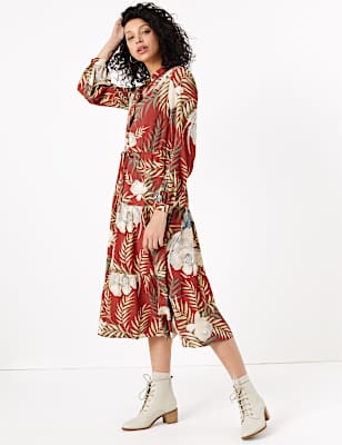 Tropical Print Shirt Midi Dress