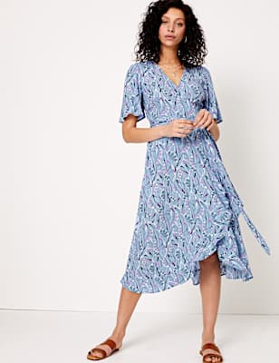 Crepe V-Neck Midi Wrap Dress