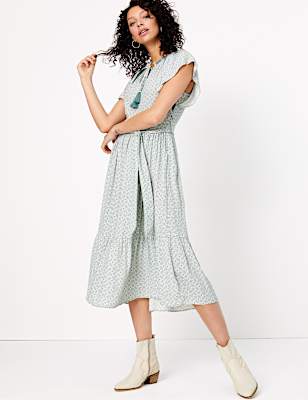 Crepe Printed Frill Detail Midi Dress