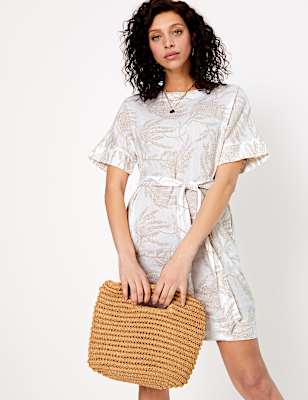 Linen Printed Mini Shift Dress