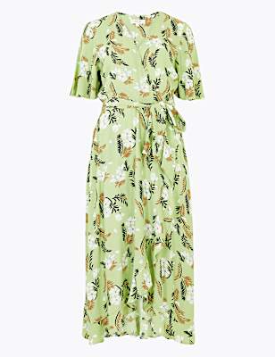 Fern Print V-Neck Midi Wrap Dress