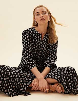 Leaf Print Collared Midaxi Shirt Dress