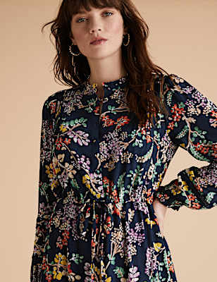 Floral High Neck Pintuck Midaxi Smock Dress