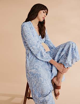 Floral Blouson Sleeve Midaxi Wrap Dress