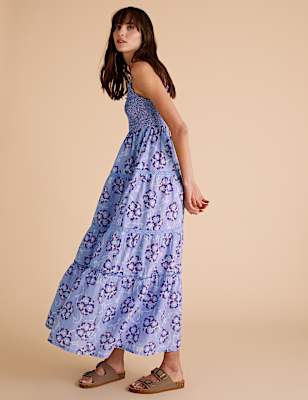 Pure Cotton Floral Midaxi Tiered Dress