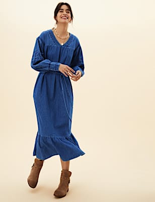 Denim Embroidered Midaxi Column Dress