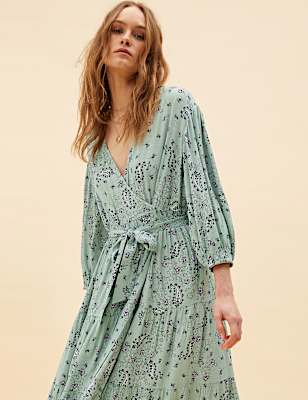 Paisley Floral V-Neck Midi Wrap Dress