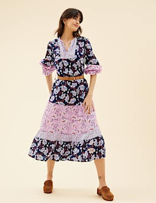Pure Cotton Floral Maxi Tiered Dress