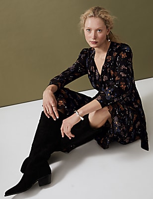 Floral V-Neck Frill Detail Midi Wrap Dress