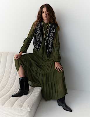 Chiffon High Neck Ruffle Midi Tiered Dress