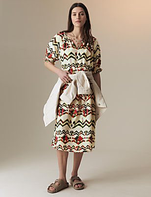 Pure Cotton Printed Midi Smock Relaxed Dress