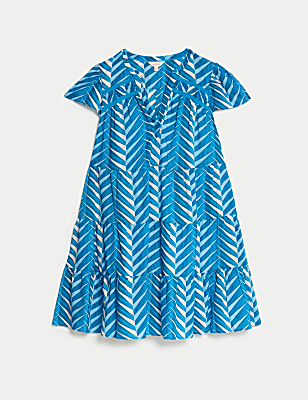 Lyocell Rich Printed Notch Neck Tiered Smock Dress