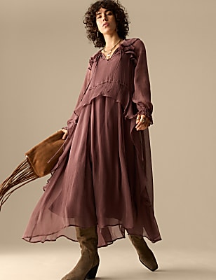 Cupro Ruffle Tie Neck Maxi Waisted Dress