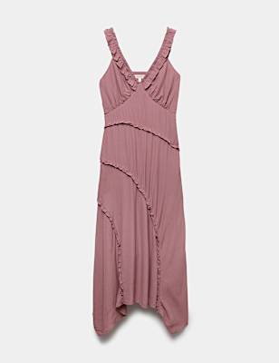 V-Neck Ruffle Detail Maxi Waisted Dress