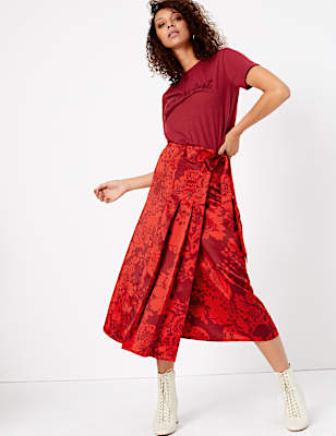 Satin Floral Pleated Midi Wrap Skirt
