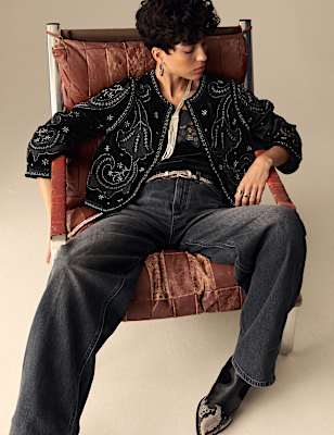 Velvet Embroidered Collarless Cropped Jacket