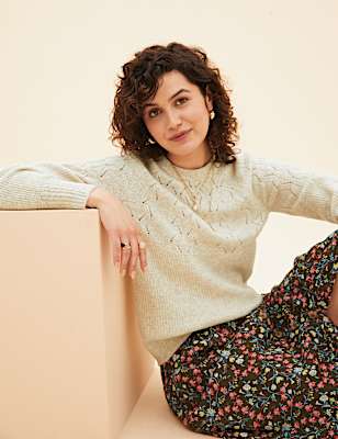 Cotton Blend Pointelle Crew Neck Jumper