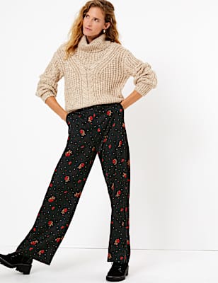 Satin Floral Print Wide Leg Trousers