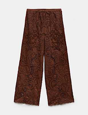 Cotton Embroidered Wide Leg Trousers