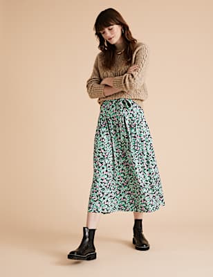 Jersey Floral Belted Midi A-Line Skirt