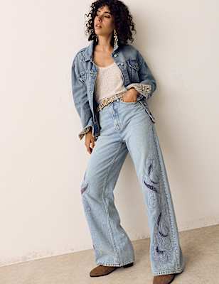 Pure Cotton Embroidered Cutwork High Waisted Wide Leg Jeans