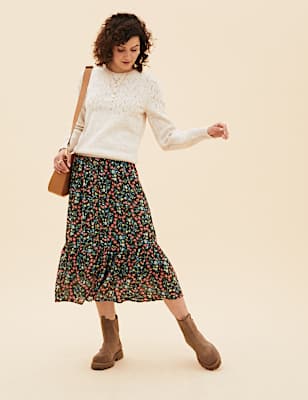 Printed Button Front Midaxi A-Line Skirt