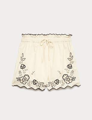 Pure Cotton Embroidered High Waisted Shorts