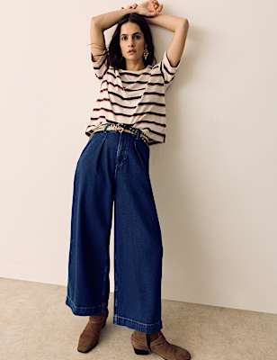 Denim High Waisted Pleat Front Wide Leg Cropped Jeans