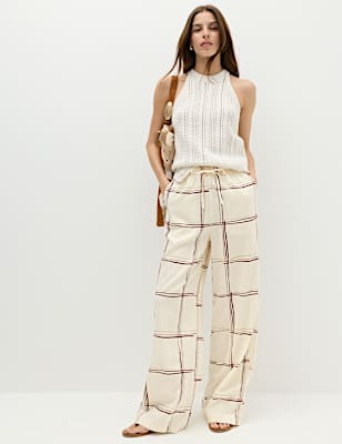 Linen Rich Checked Wide Leg Trousers