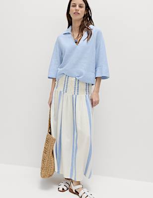 Linen Rich Shirred Tie Detail Maxi Skirt