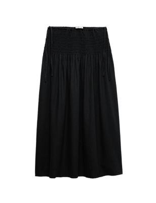 Linen Rich Shirred Tie Detail Maxi Skirt