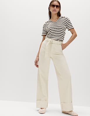 Pure Cotton Belted Wide Leg Turn Up Jeans