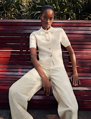 Pure Cotton Textured High Waisted Wide Leg Jeans