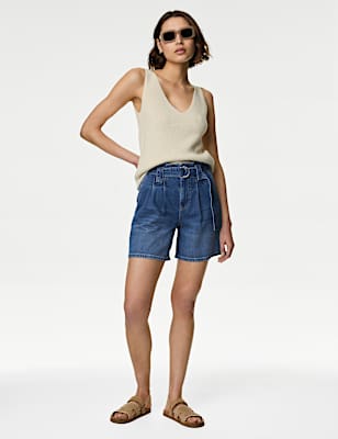 Denim Pleat Front Belted Shorts