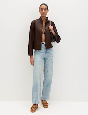Relaxed High Waisted Gem Embellished Straight Leg Jeans