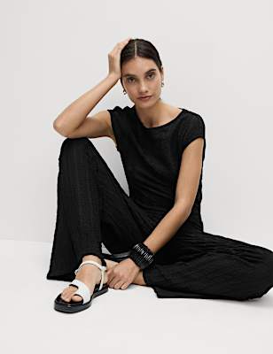 Textured Elasticated Waist Wide Leg Trousers