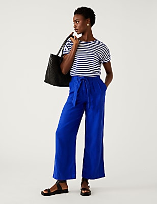 Pure Linen Belted Wide Leg Trousers