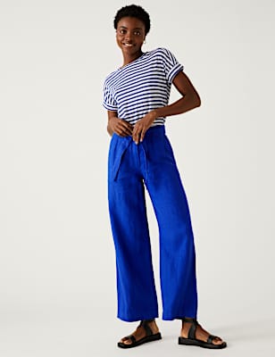 Pure Linen Belted Wide Leg Trousers