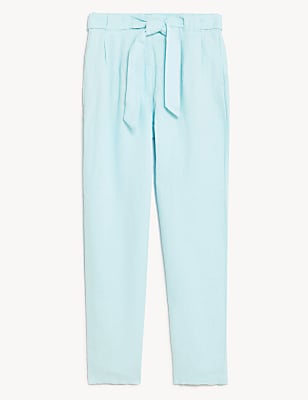 Pure Linen Belted Tapered Trousers
