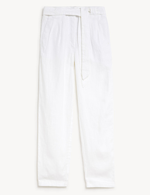 Pure Linen Belted Tapered Trousers