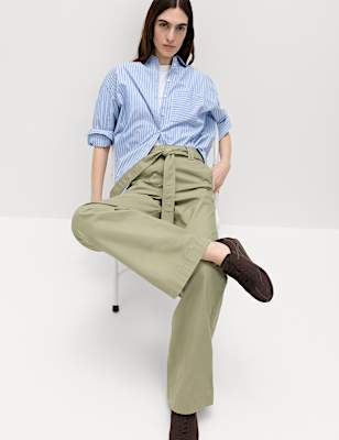 Pure Cotton Belted Straight Leg Trousers