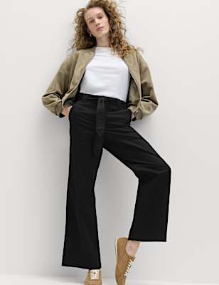 Pure Cotton Belted Straight Leg Trousers