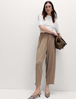 Textured Elasticated Waist Carrot Leg Trousers