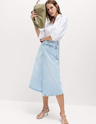 Pure Cotton Denim Asymmetric Midi Wrap Skirt
