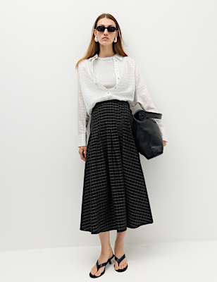Cotton Rich Checked Button Detail Maxi Skirt